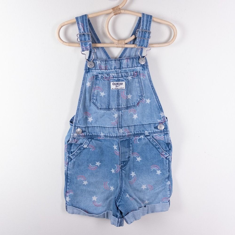 OshKosh B'Gosh Star Spangled Shortalls Overalls Denim Blue Girls 4T